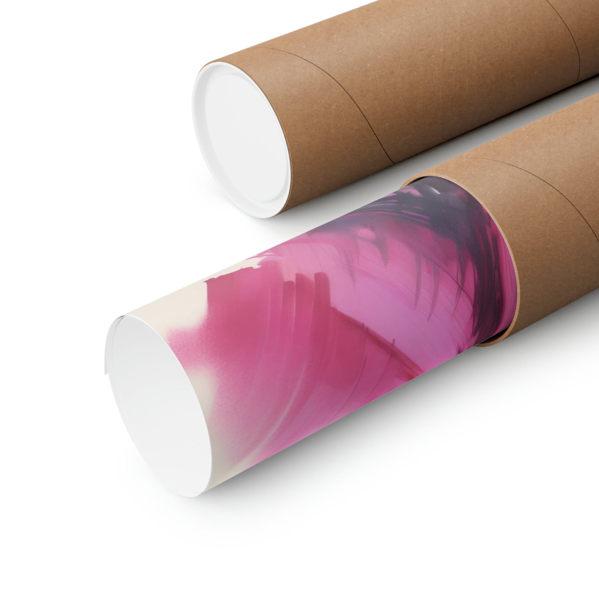 Two rolls of brown paper with pink and white swirled paint