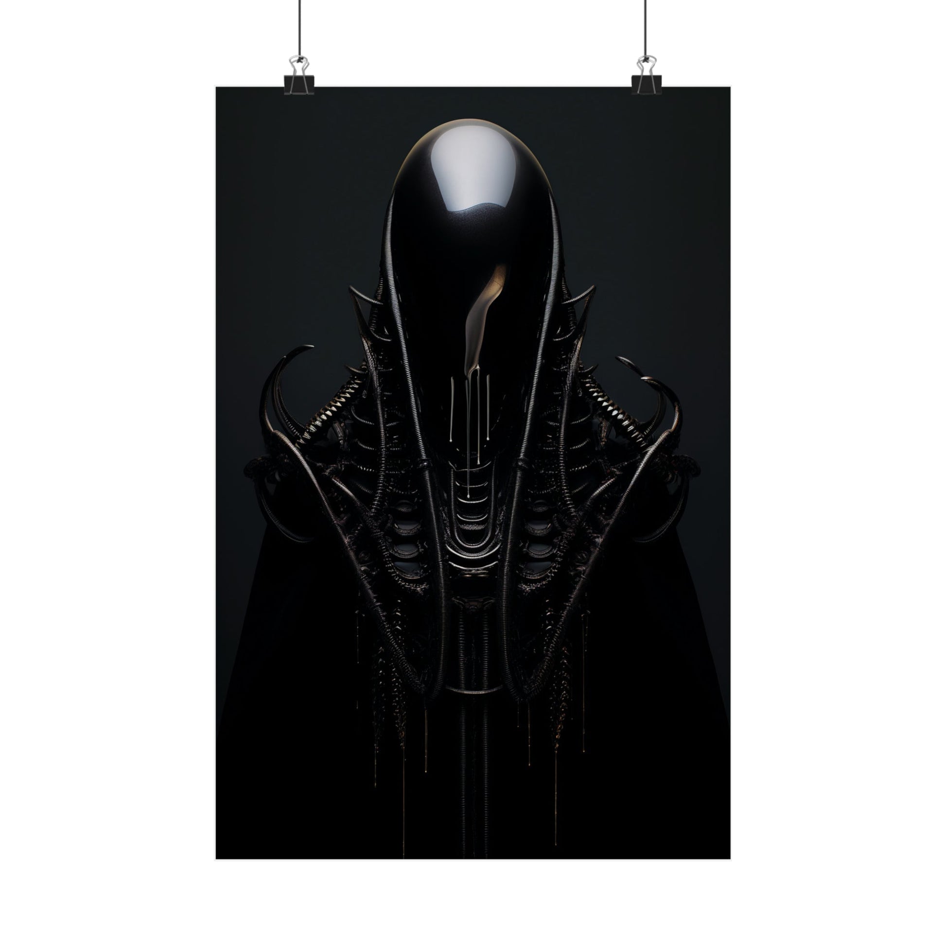 Sleek, elongated alien-like head with a reflective surface against a dark background.