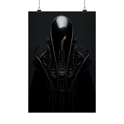 Sleek, elongated alien-like head with a reflective surface against a dark background.