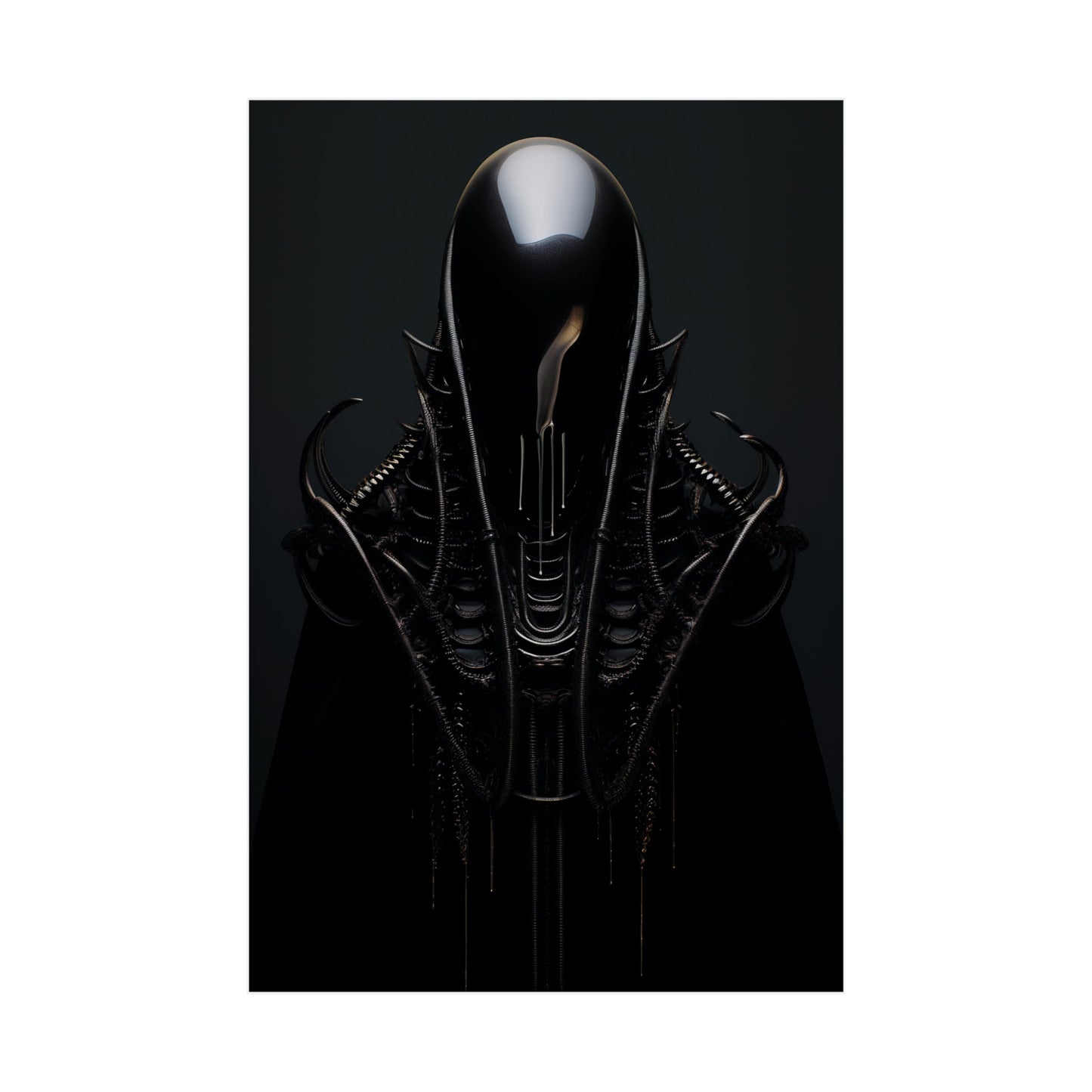 Sleek, black alien-like creature with an elongated head and biomechanical features.