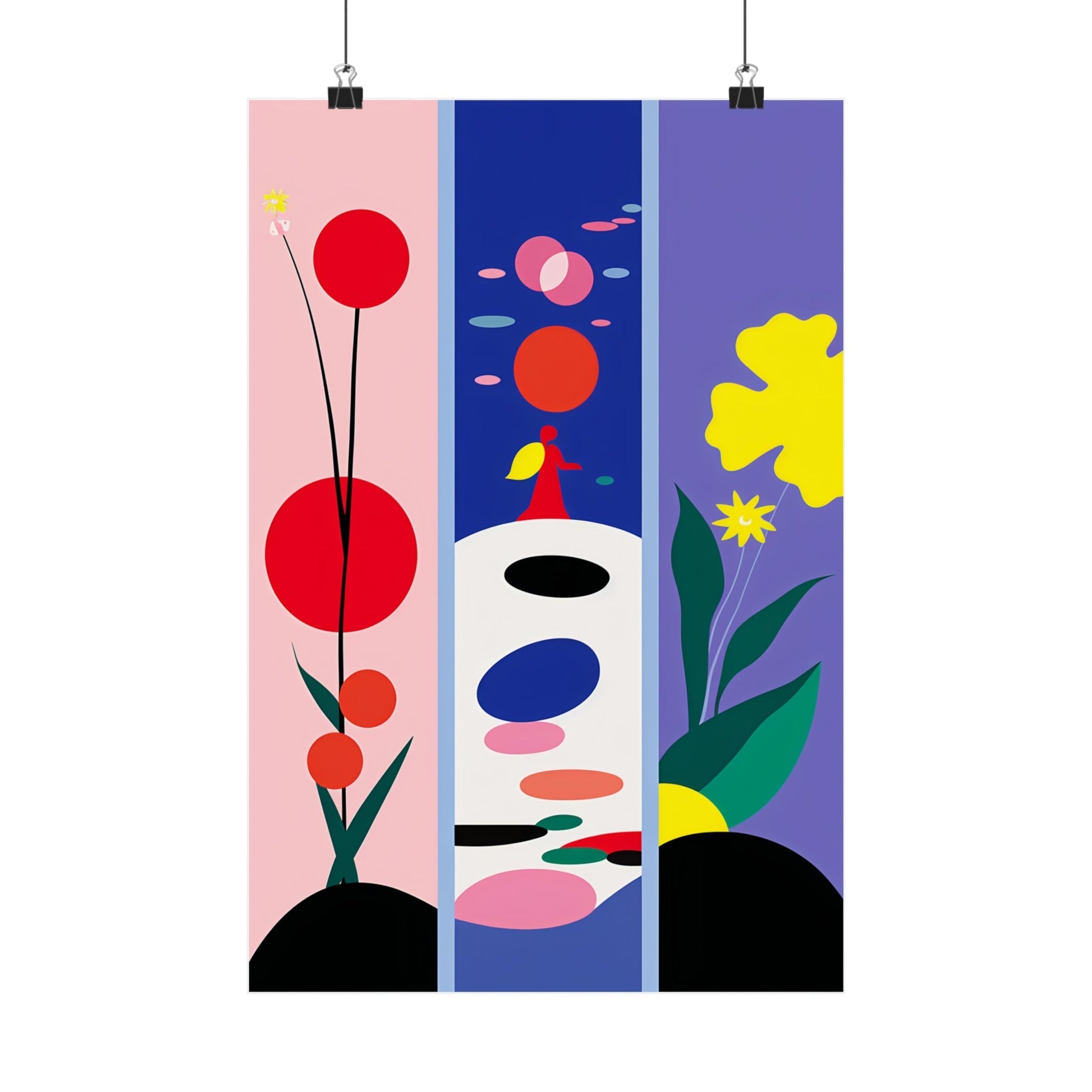 Colorful abstract art print divided into three vertical panels with geometric shapes and stylized natural elements.