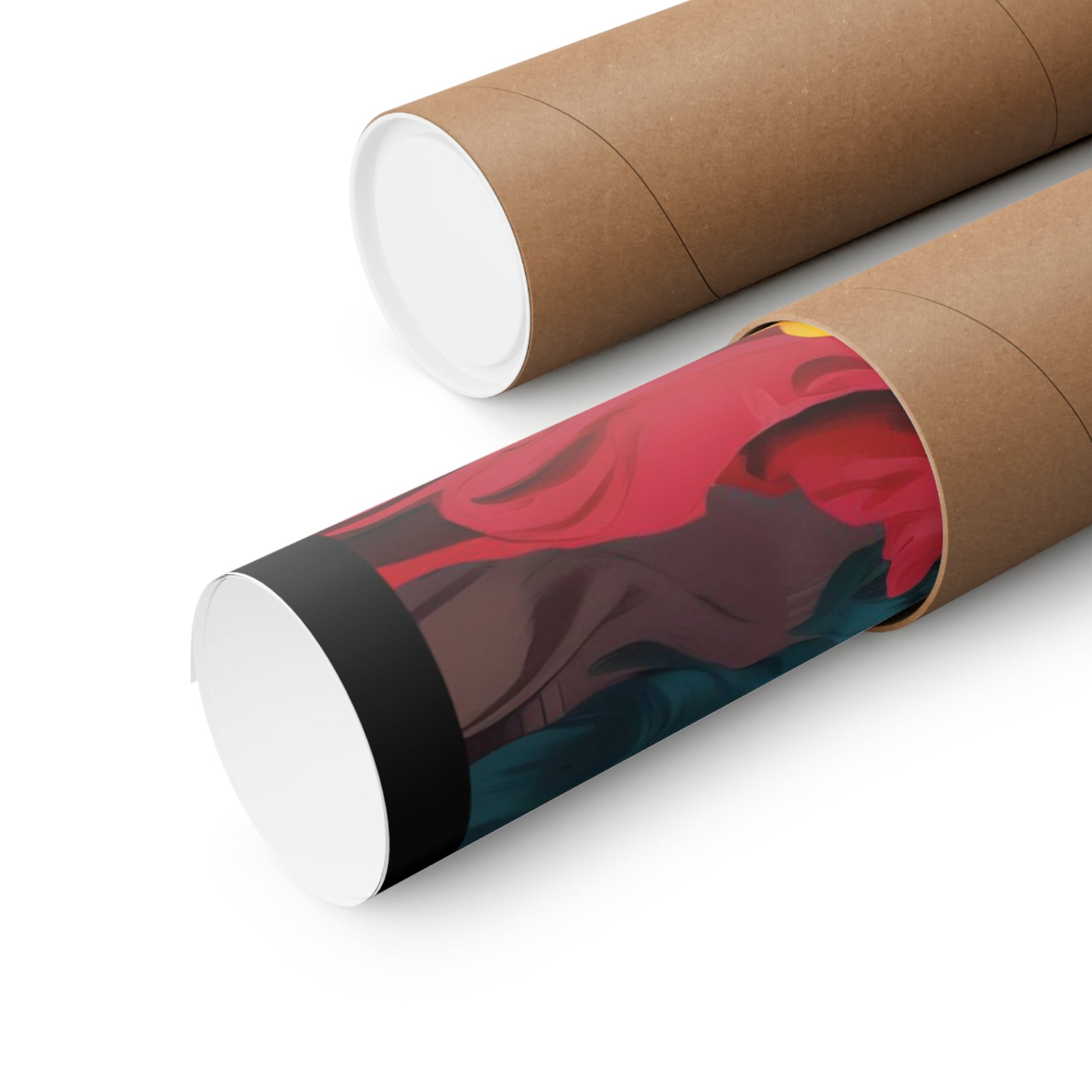 Two rolls of brown paper with a red and blue design