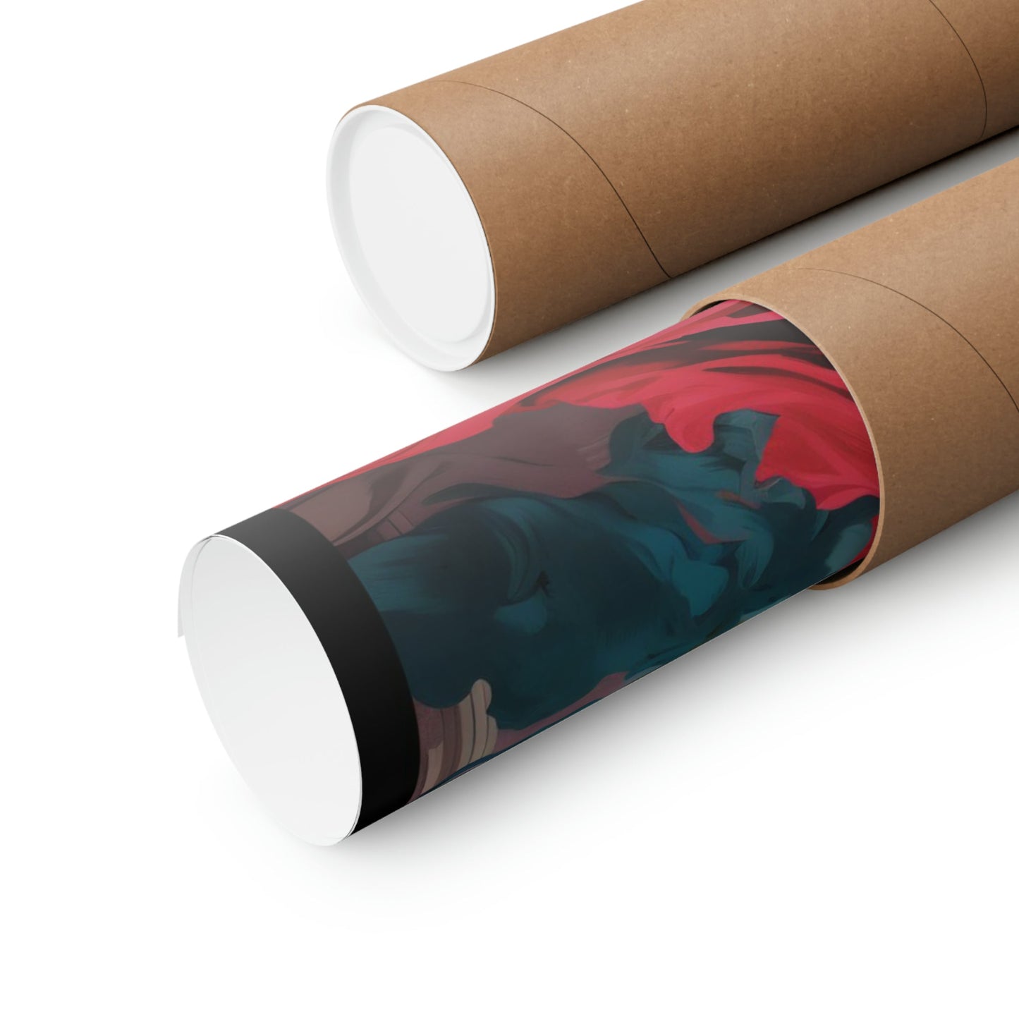 Two rolls of brown paper with a red and blue design