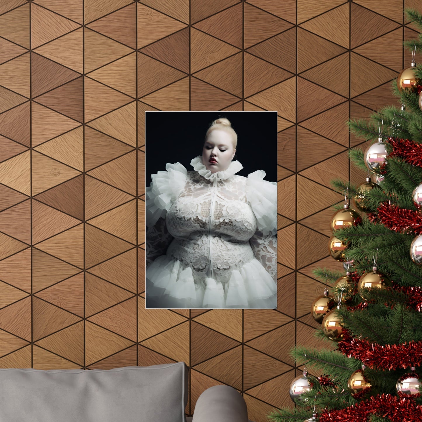 A christmas tree with a picture of a baby in a white dress