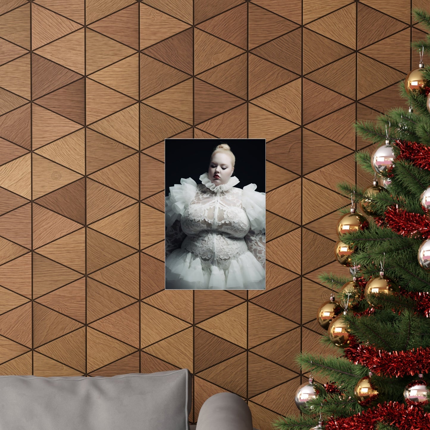 A christmas tree with a picture of a woman in a white dress