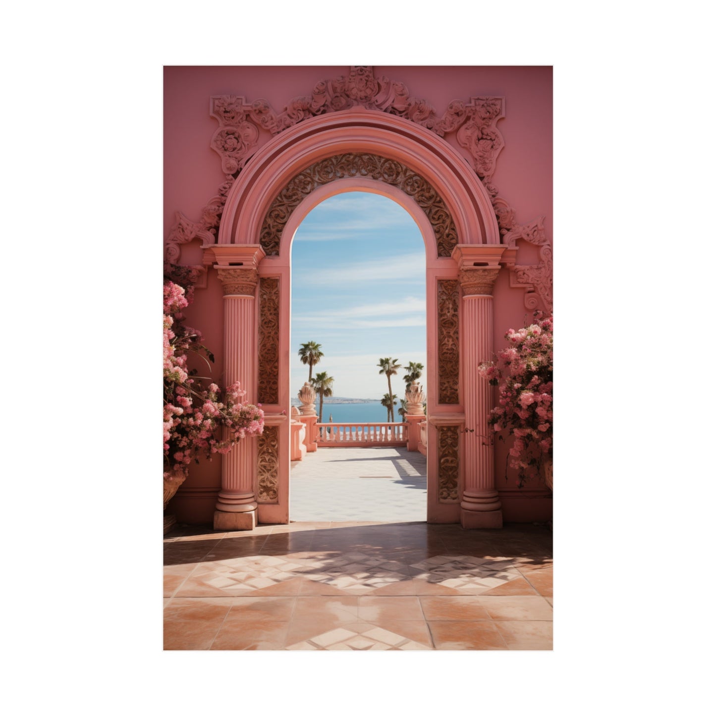 Ornate pink archway framing a view of palm trees and sky.