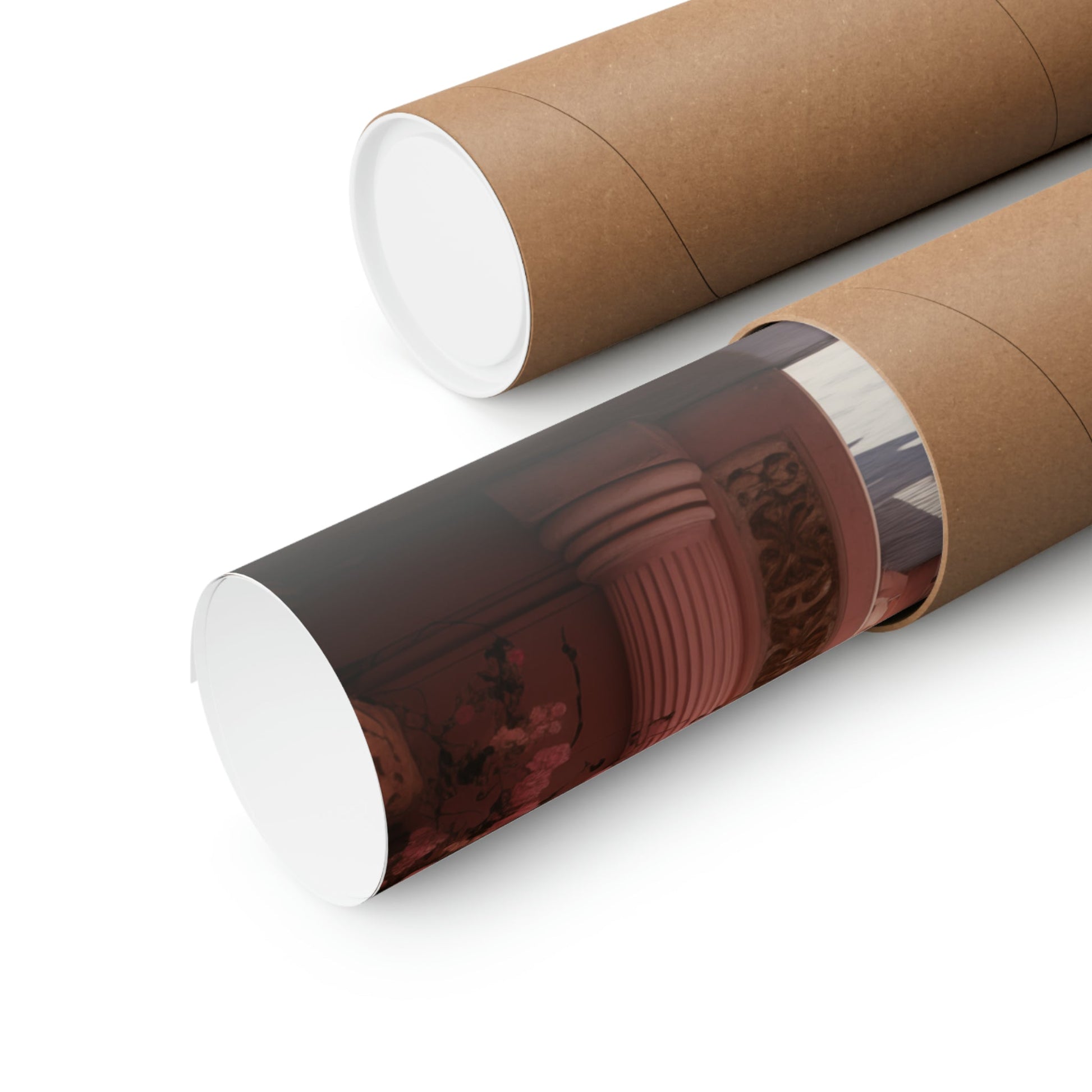 Cylindrical cardboard tubes, one containing a rolled-up poster or print visible through a clear window.