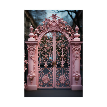 Ornate pink wrought iron gate with intricate floral designs and decorative elements.