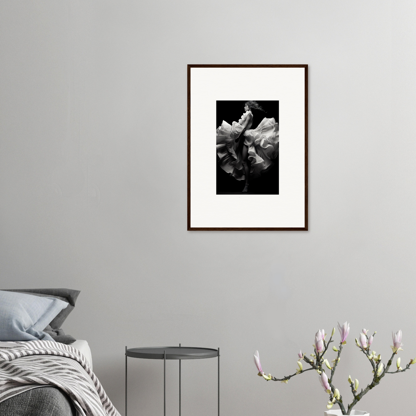 Framed black and white photograph of flowers in a dark, moody style.