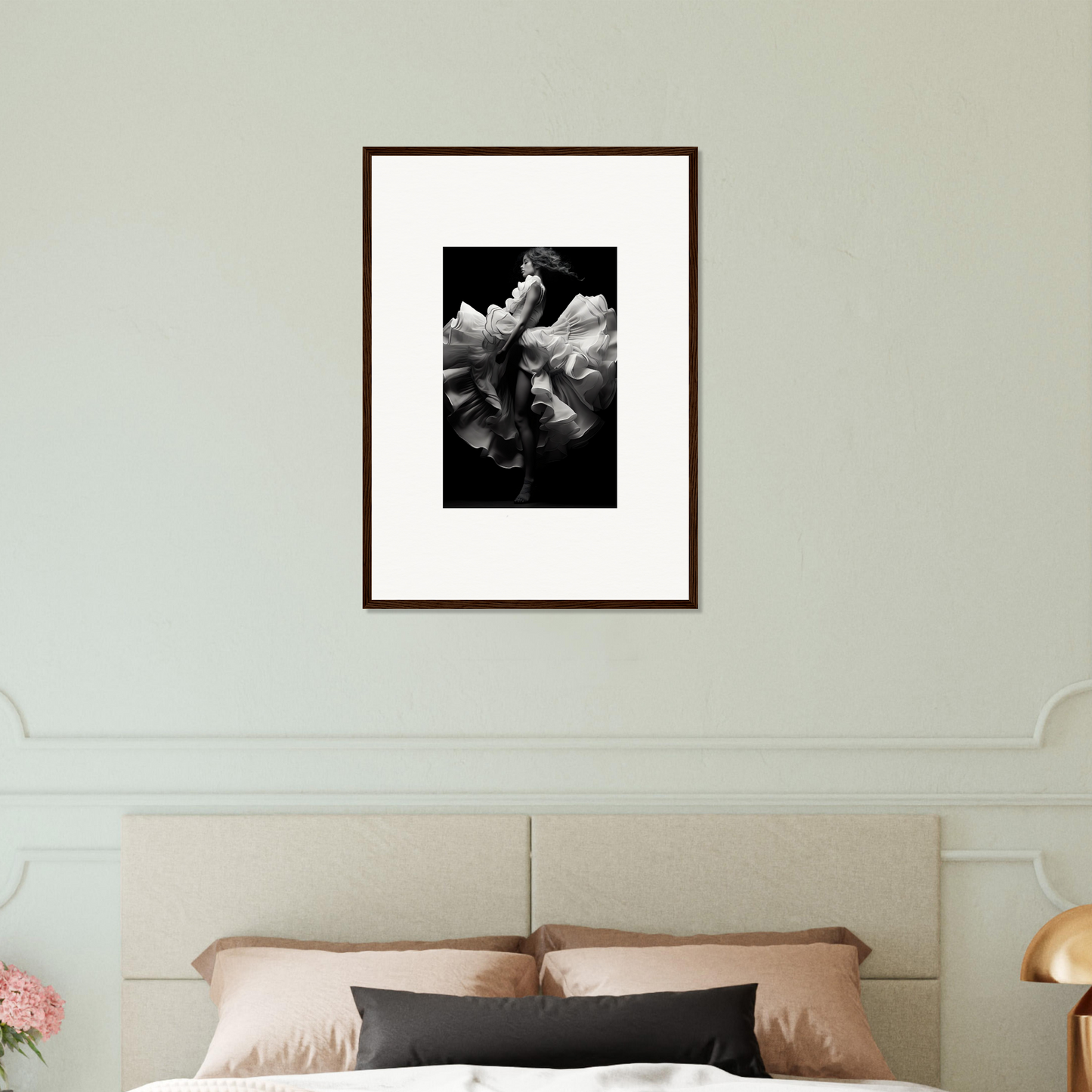 Framed black and white photograph of delicate flower petals.