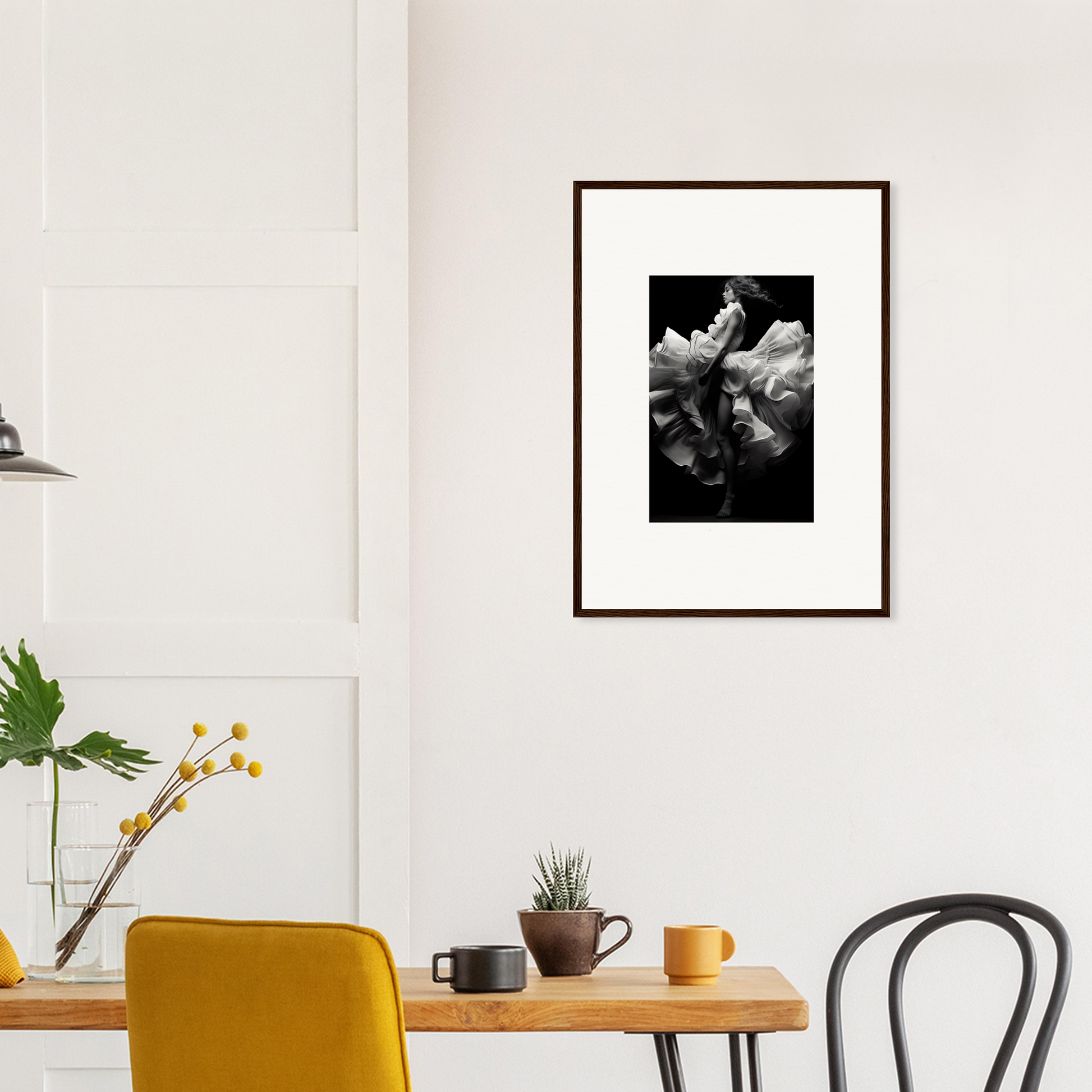 Framed black and white photograph of a flower in bloom.