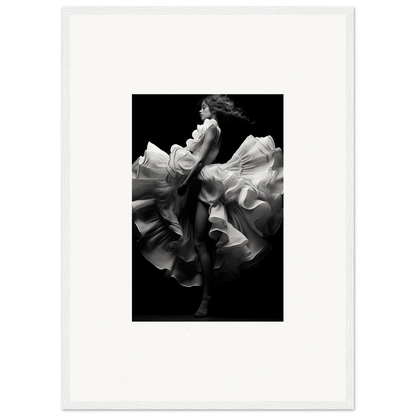 A dancer in flowing white fabric captured mid-motion against a dark background.