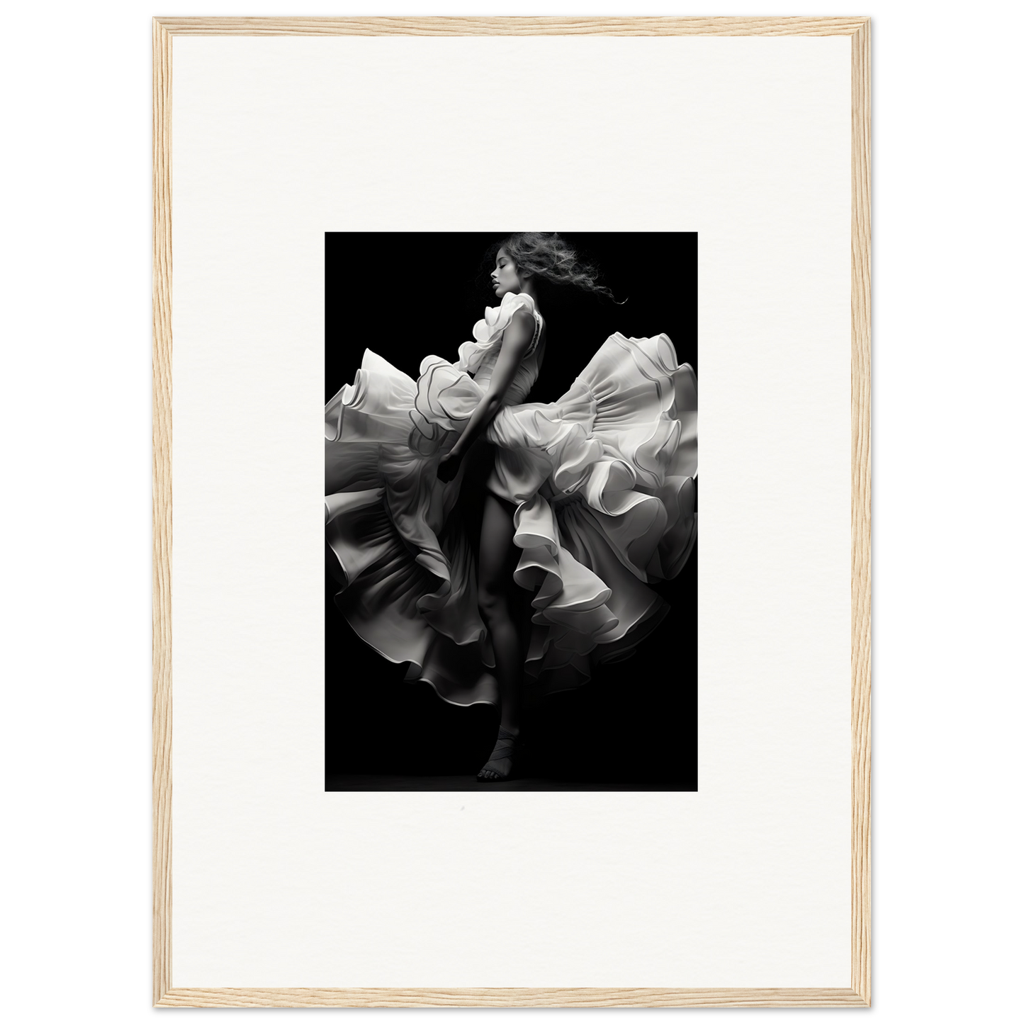 Black and white photograph of a dancer in flowing, billowing fabric.