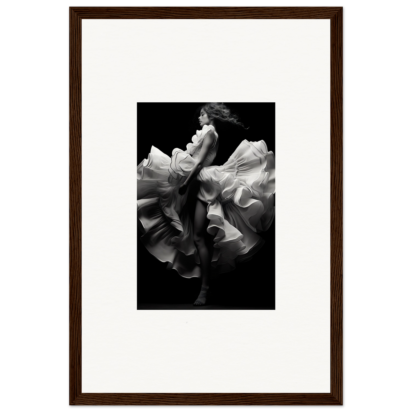 Black and white photograph of a dancer in a flowing dress, captured mid-motion.