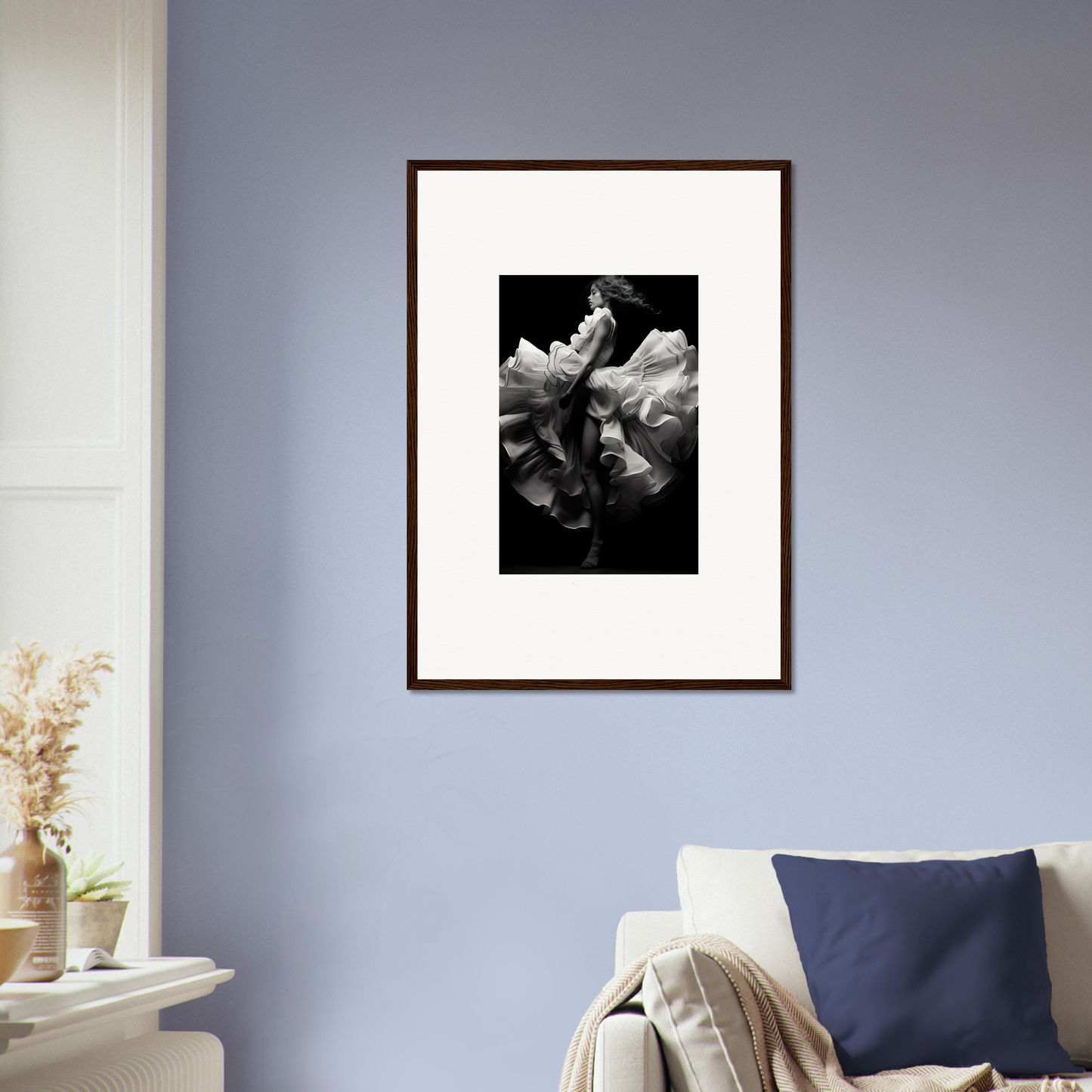 Framed black and white photograph of flowers in bloom.