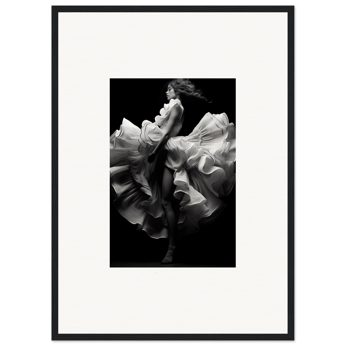 Black and white photograph of a dancer in flowing, billowing fabric.