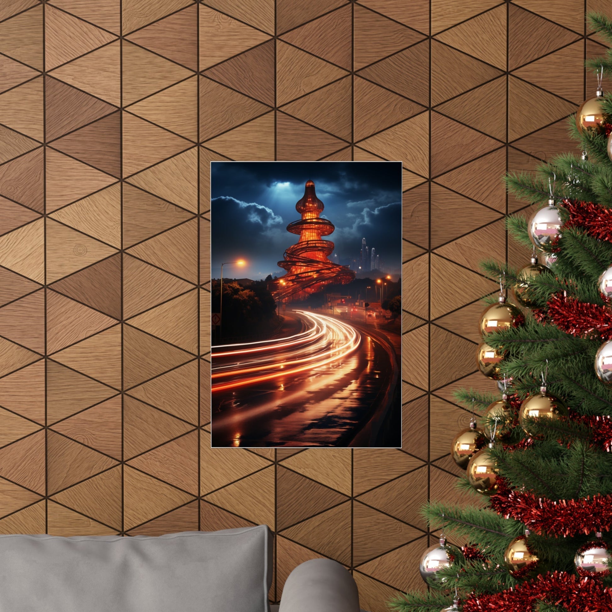 Framed photograph of an illuminated pagoda at night with light trails from traffic below.