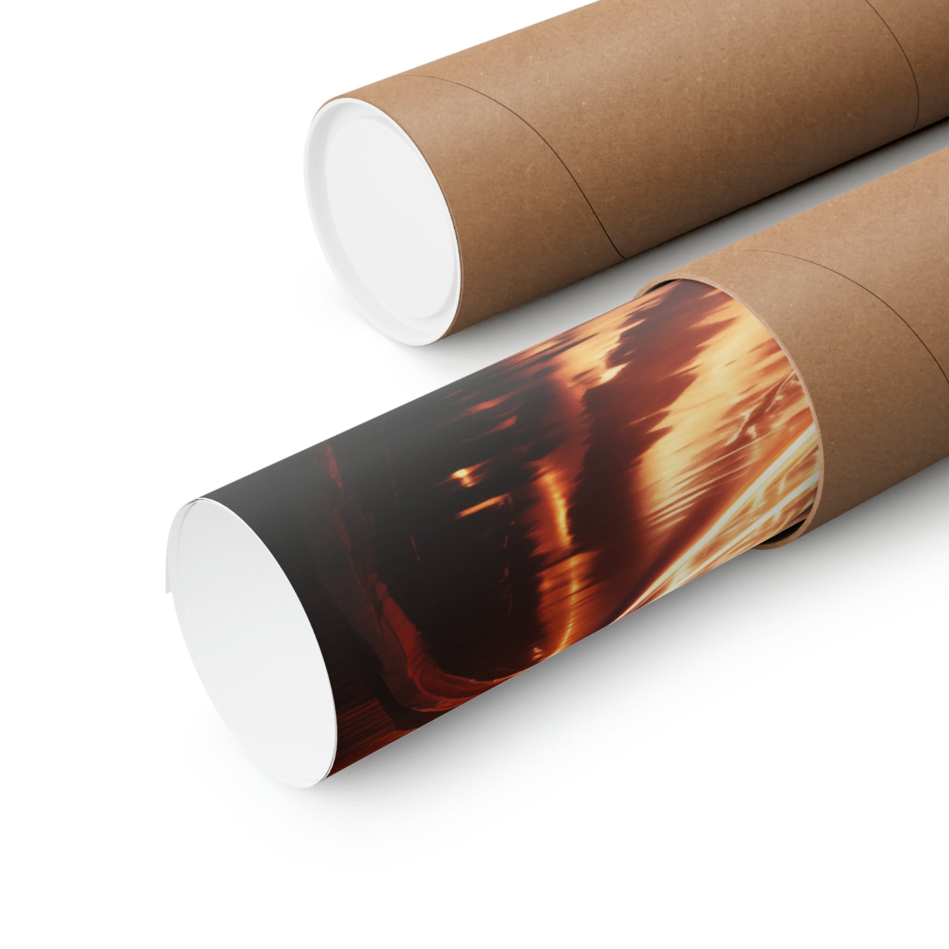 Cylindrical cardboard tubes, one plain and one with a fiery image printed on it.