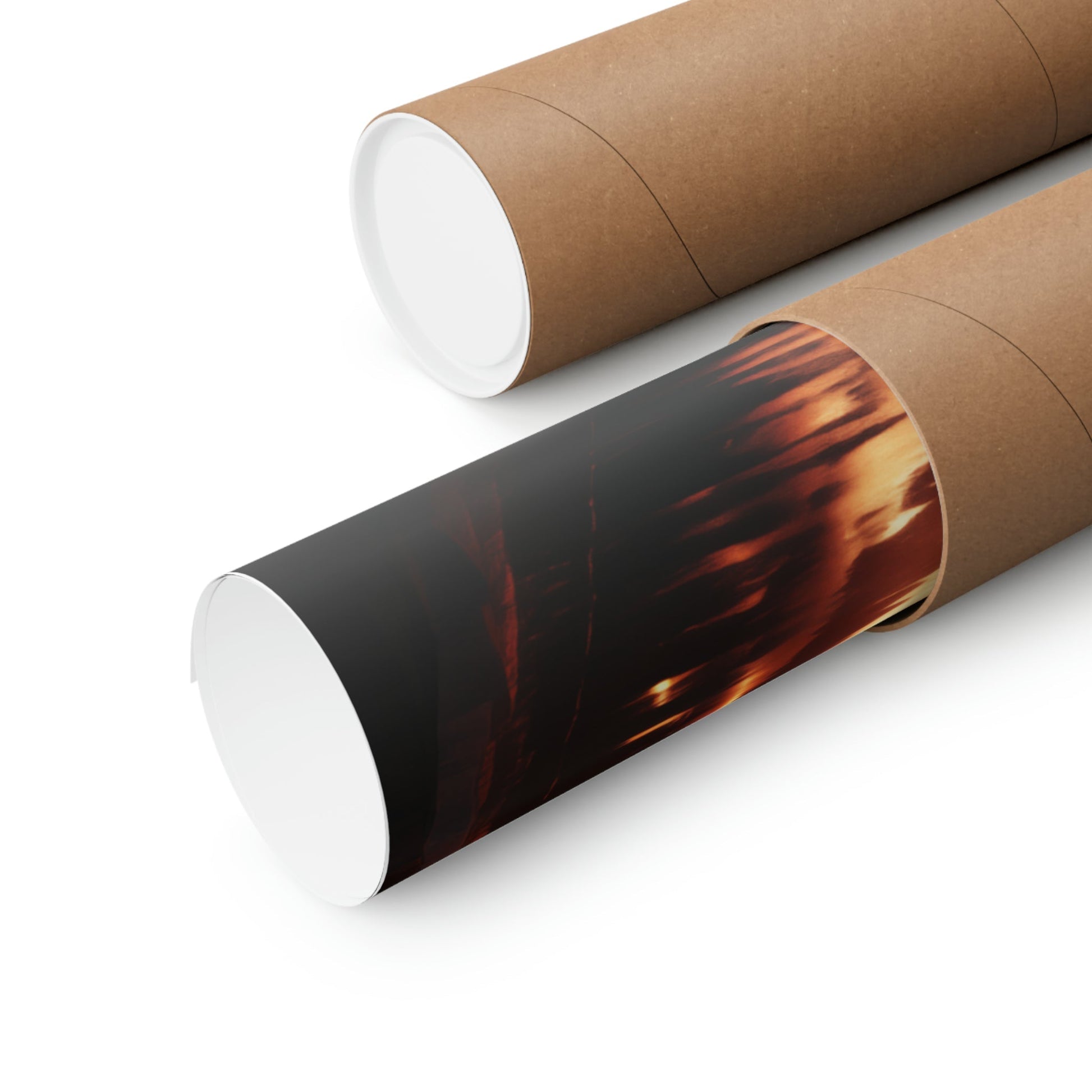 Cylindrical tubes or rolls, one plain brown and one with a dark image printed on it.