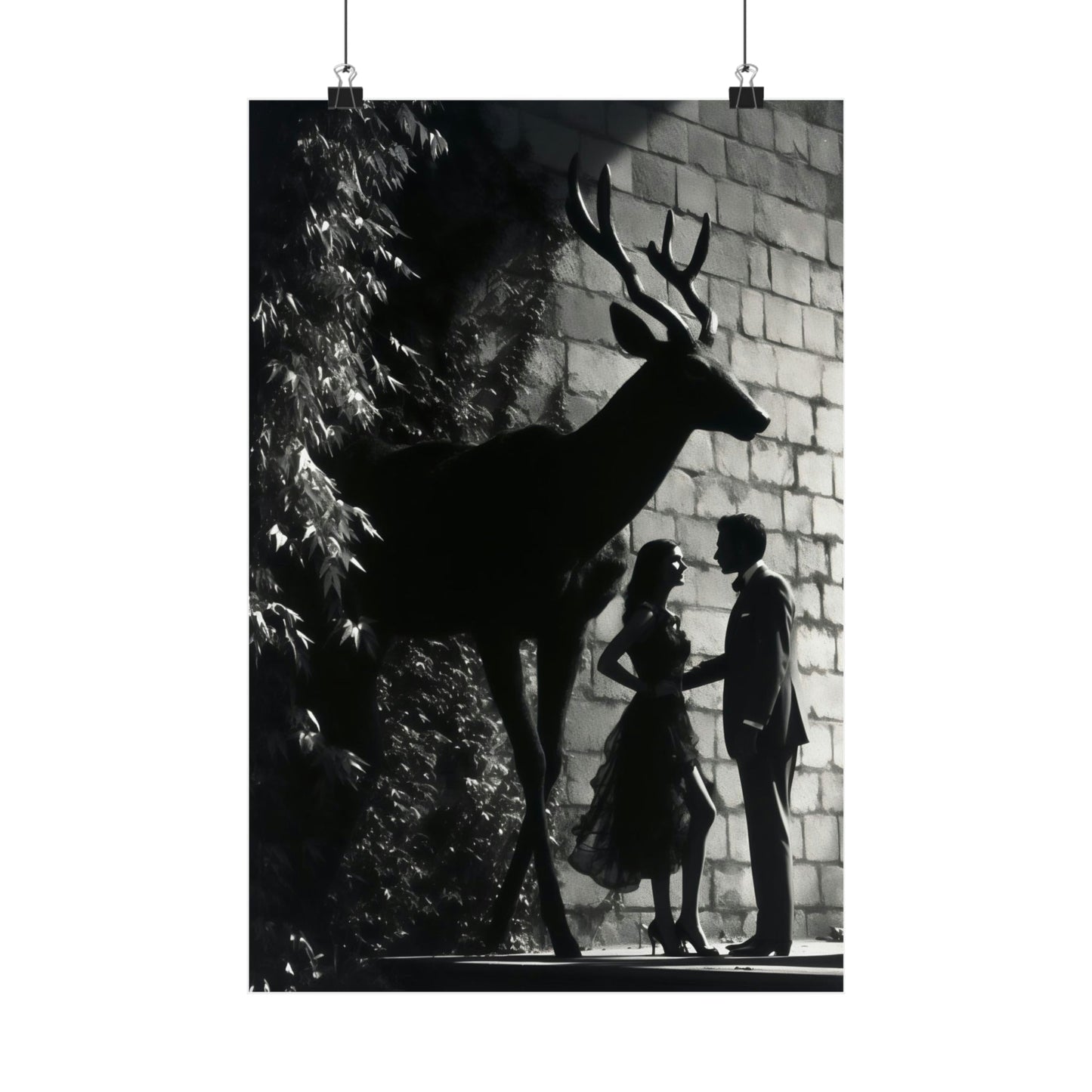 Silhouette of a deer with antlers against a brick wall.