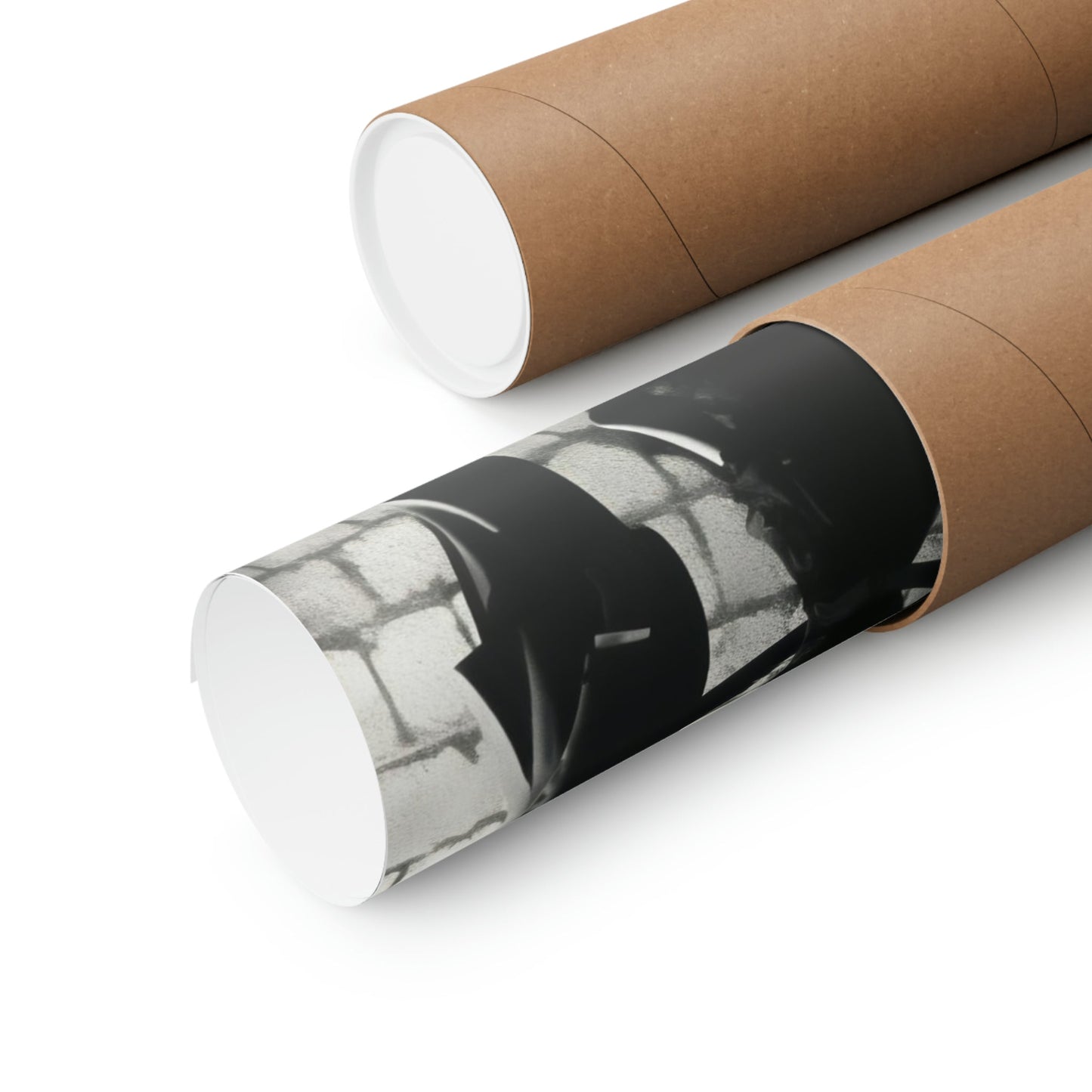 Two rolls of brown paper with black and white images