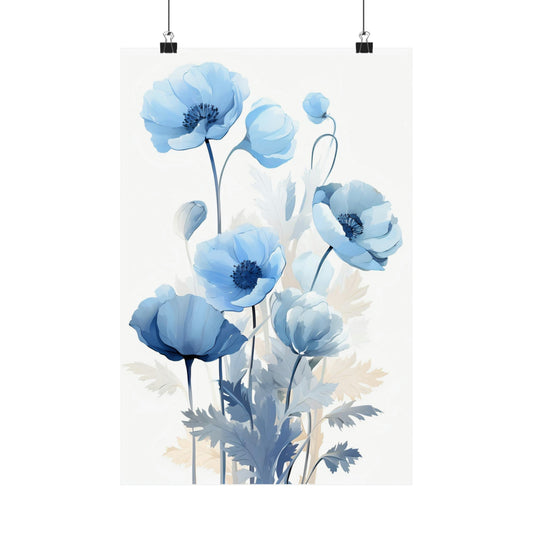 Delicate watercolor painting of light blue poppies with stems and leaves.