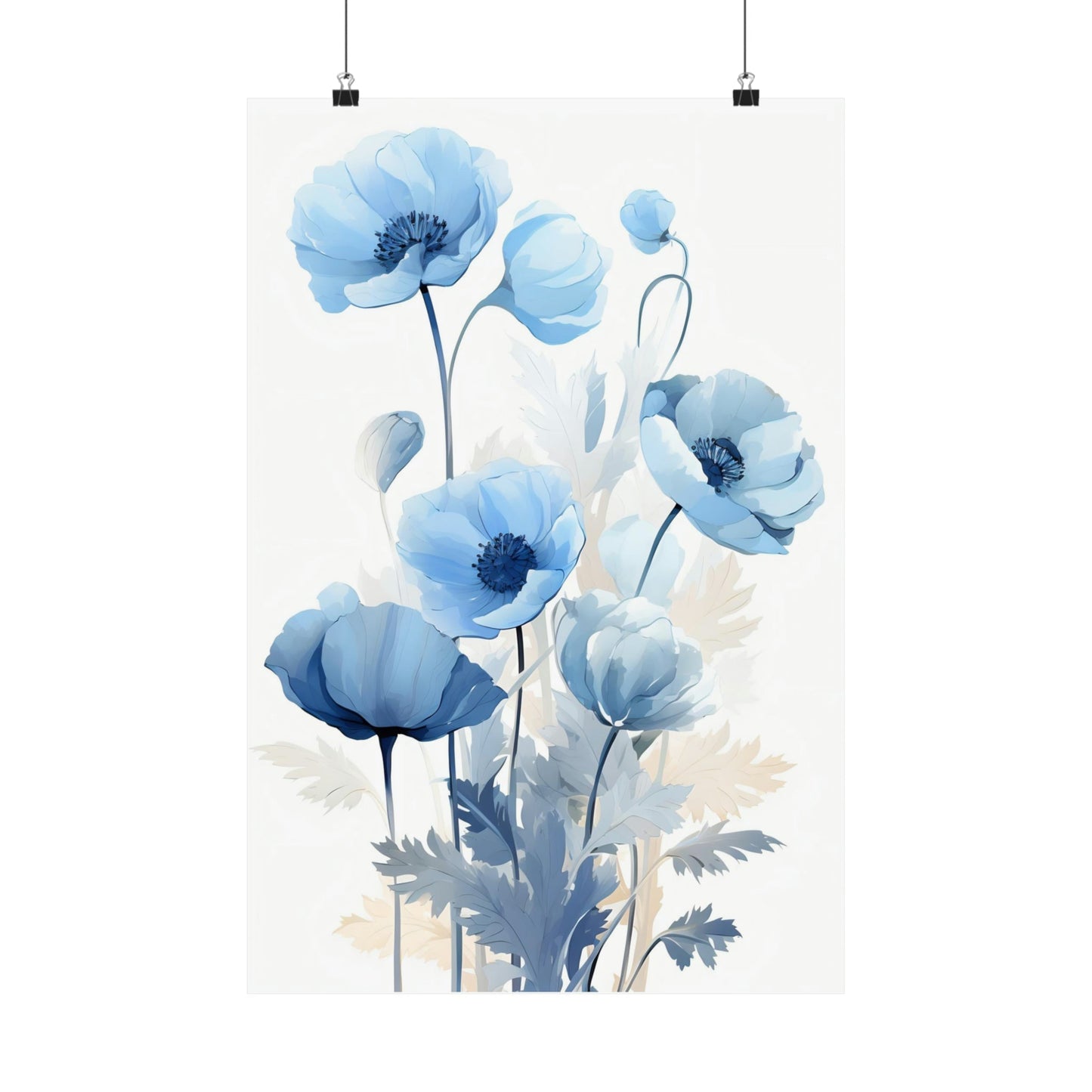 A blue flower poster hanging on a wall