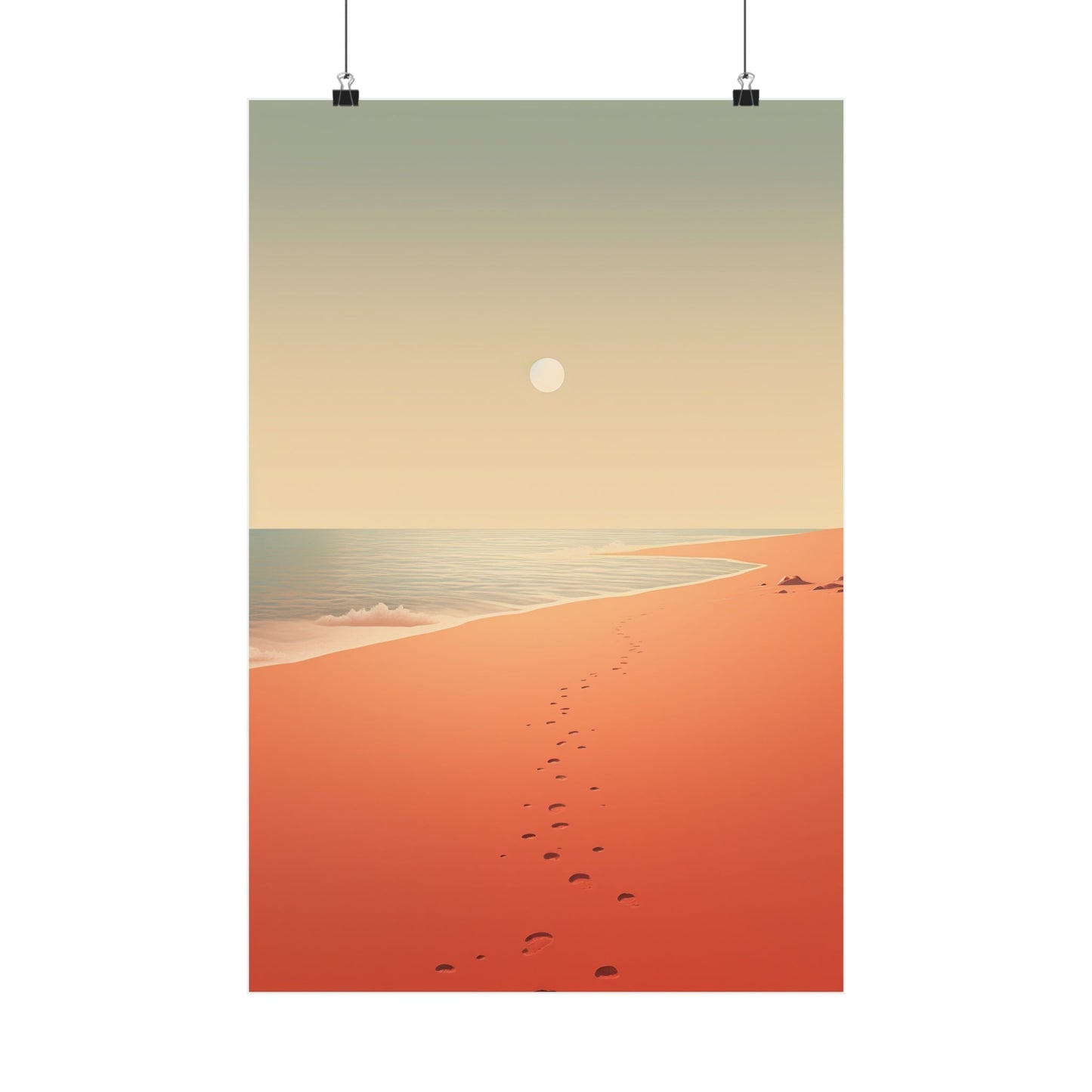 A poster with a beach scene and footprints