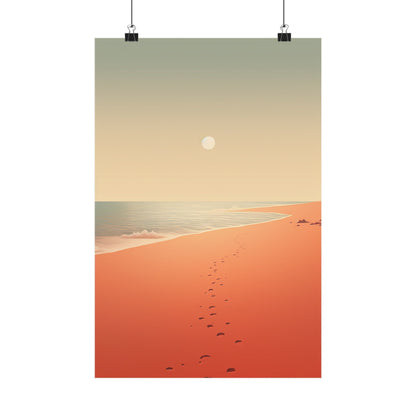 Serene beach scene with orange sand and footprints leading towards the ocean under a pale sky.