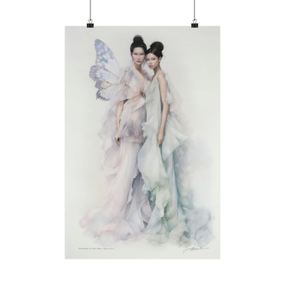 Watercolor painting of two ethereal figures in flowing, pastel-colored gowns.