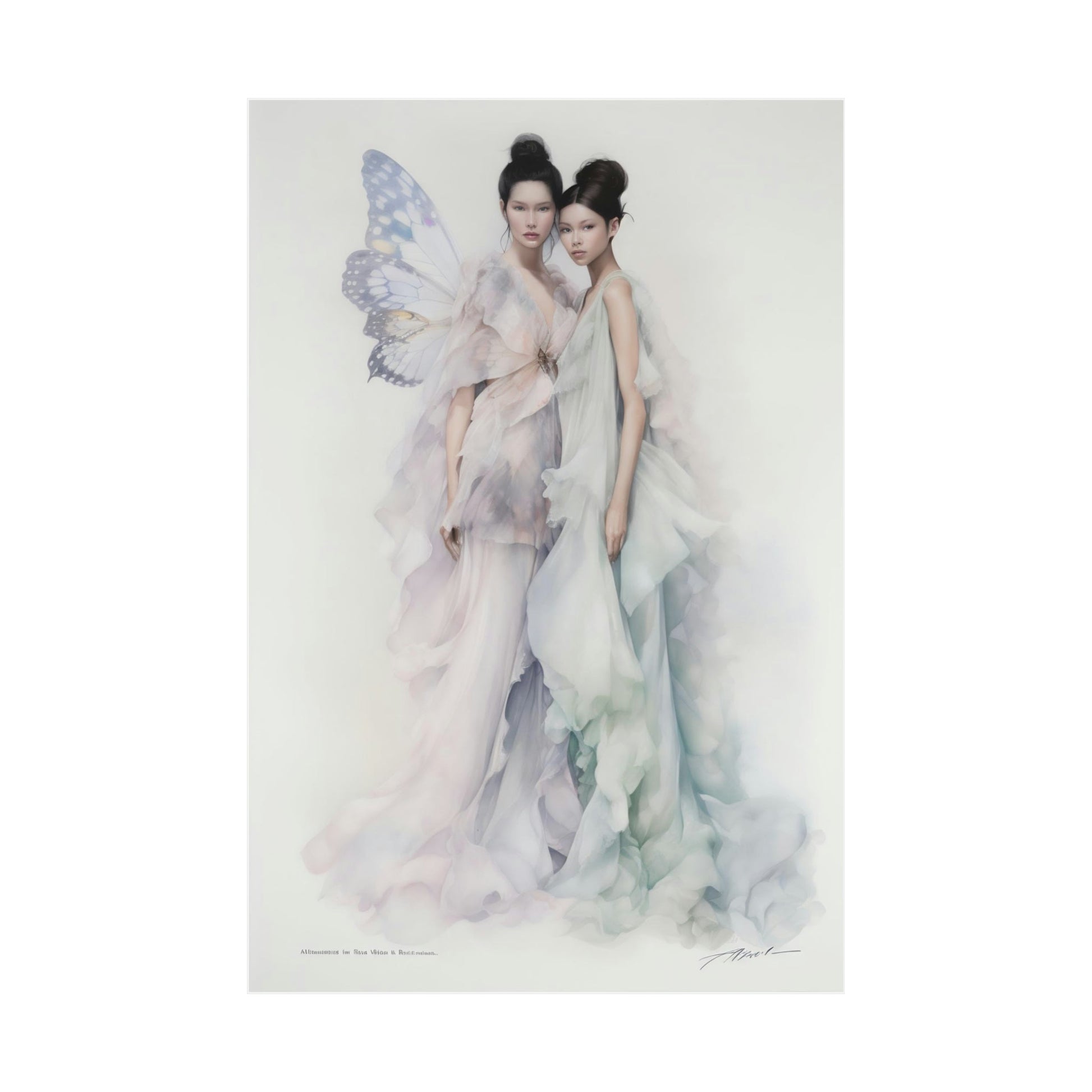 Watercolor painting of two ethereal figures in flowing, pastel-colored gowns with fairy-like wings.