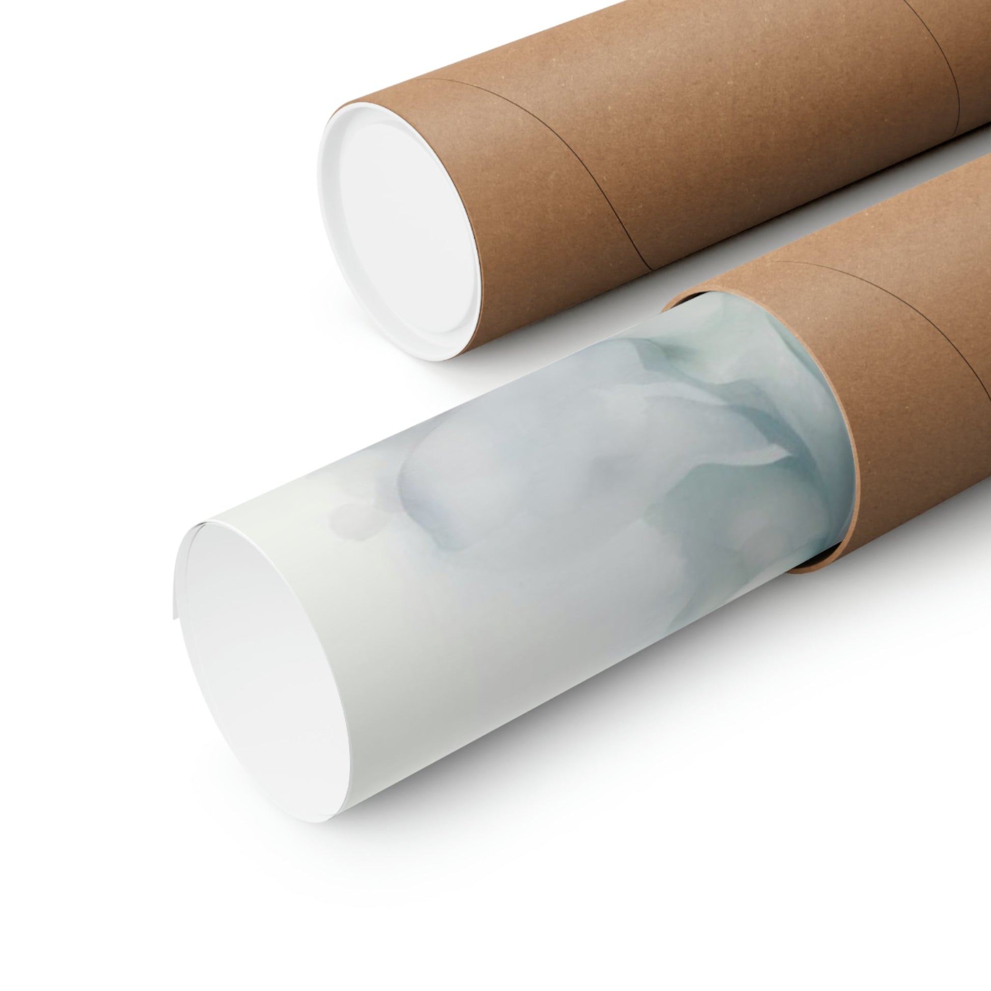 Cardboard mailing tubes, one open showing a white interior.