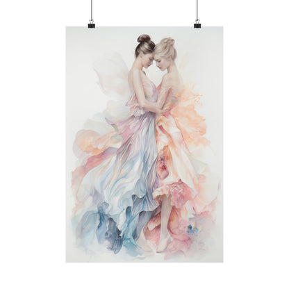 Watercolor painting of two ballet dancers in flowing, colorful dresses embracing.