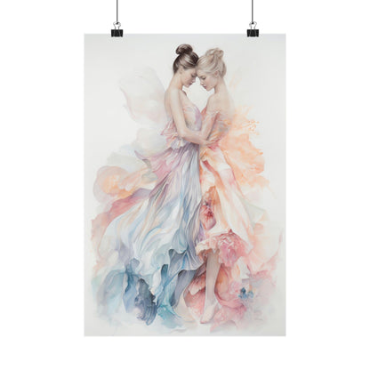 Watercolor painting of two ballet dancers in flowing, pastel-colored dresses embracing.