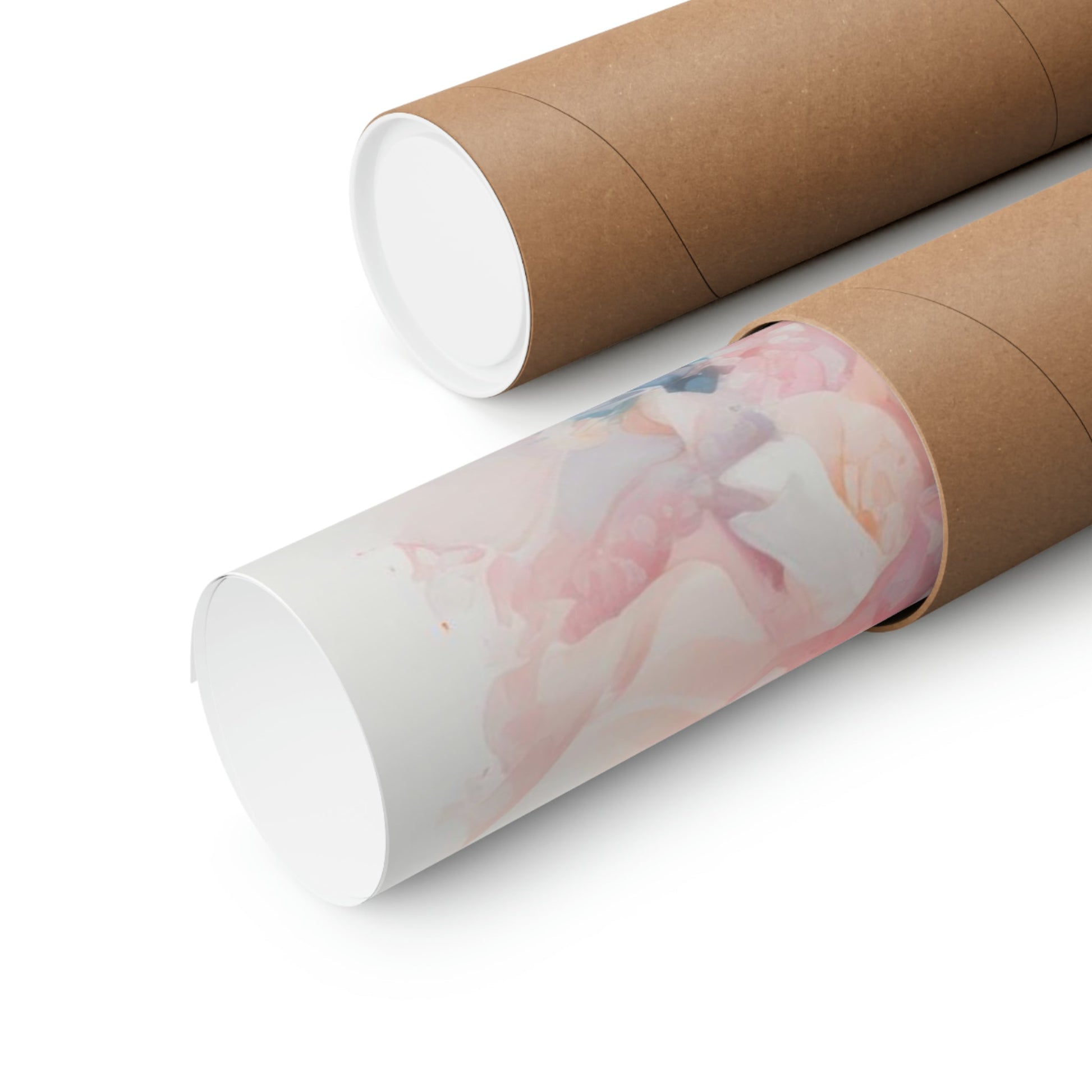 Cardboard mailing tubes, one with a pastel-colored floral design wrapped around it.