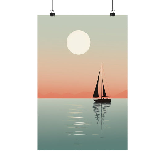 Sailboat silhouetted against a sunset sky with a full moon.