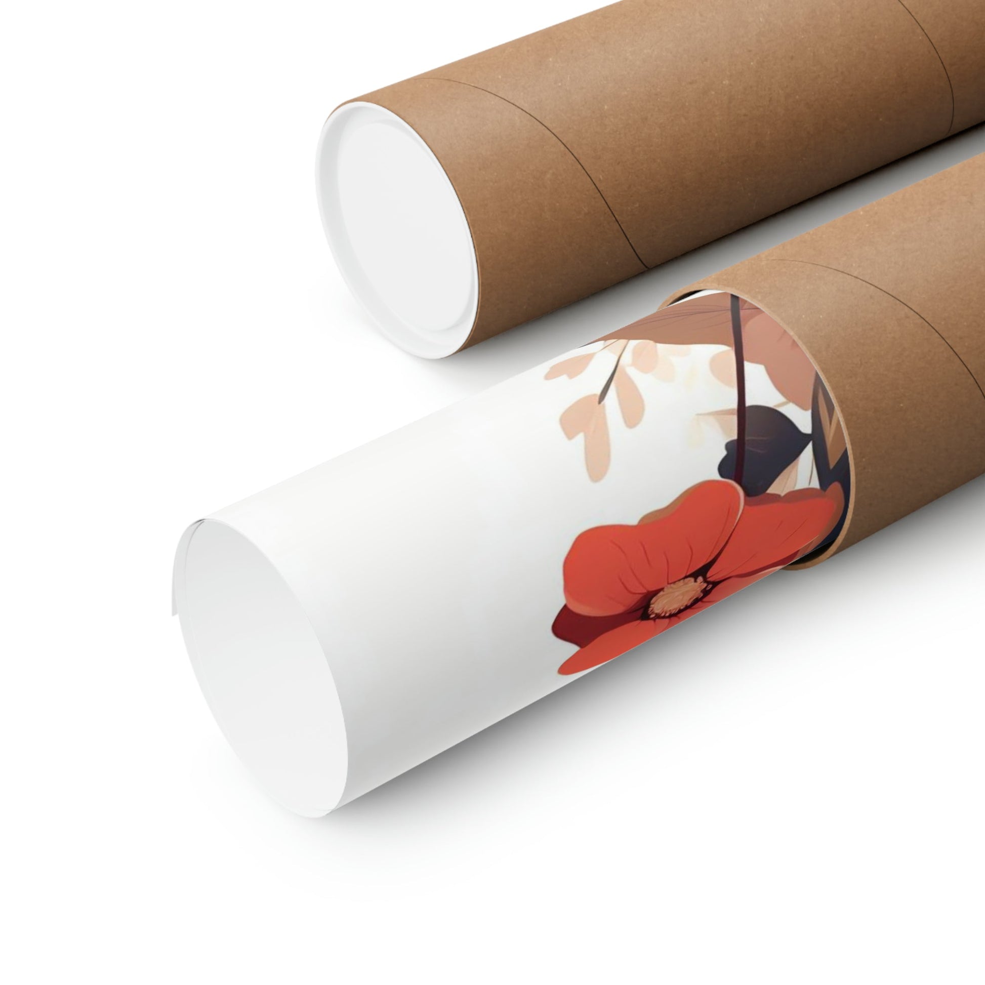 Two rolls of brown paper with a red flower on them