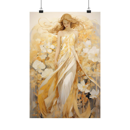 Ethereal painting of a woman in a flowing golden dress surrounded by white flowers.