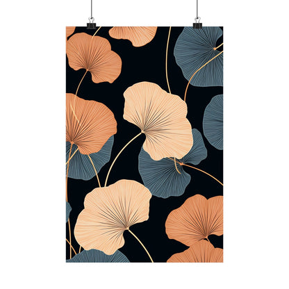 Floral pattern featuring stylized fan-shaped leaves in peach and blue tones on a black background.