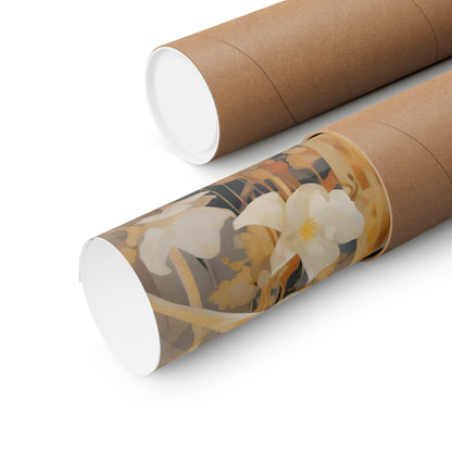 Two rolls of brown paper with white flowers