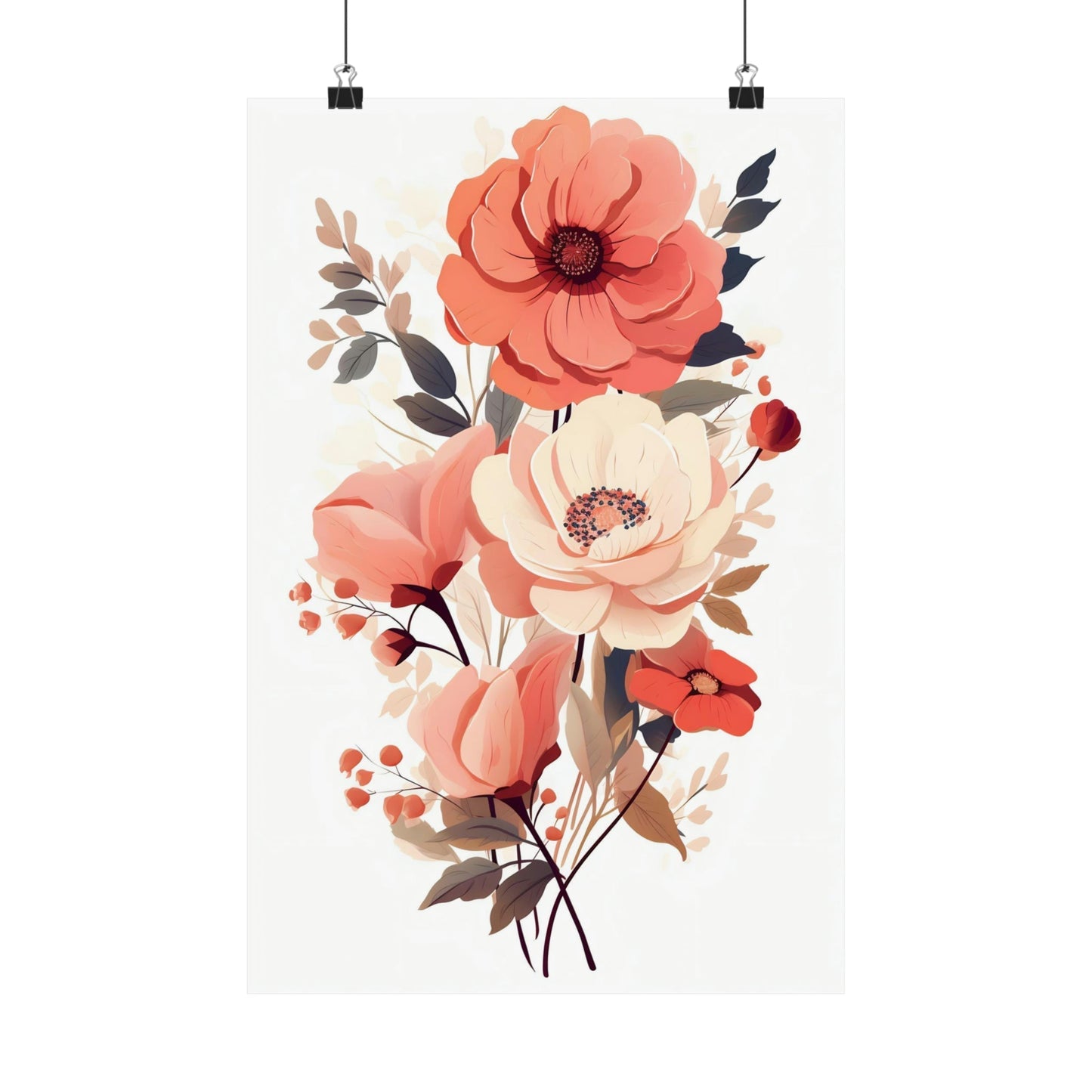 Floral bouquet illustration featuring pink and peach-colored blooms with leaves and berries.