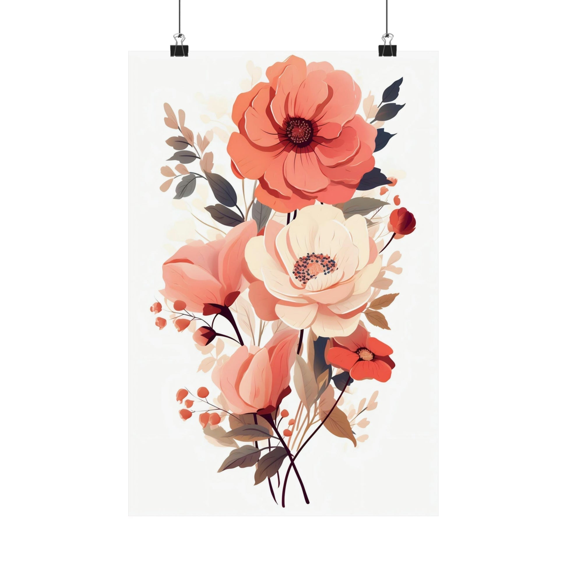 Floral bouquet illustration featuring pink and peach-colored blooms with leaves and berries.