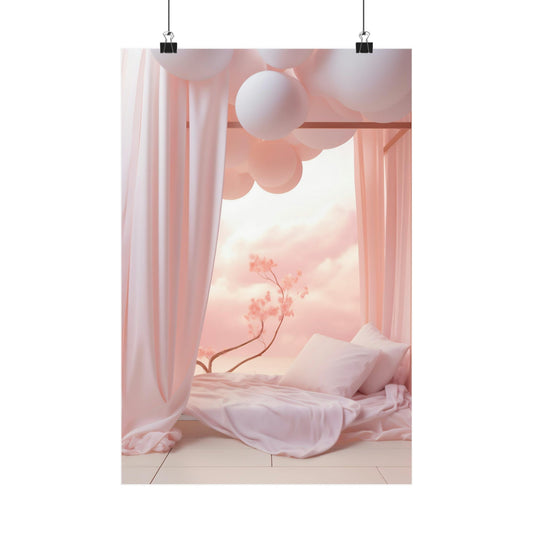 Pale pink curtains framing a dreamy, cloud-like interior scene.