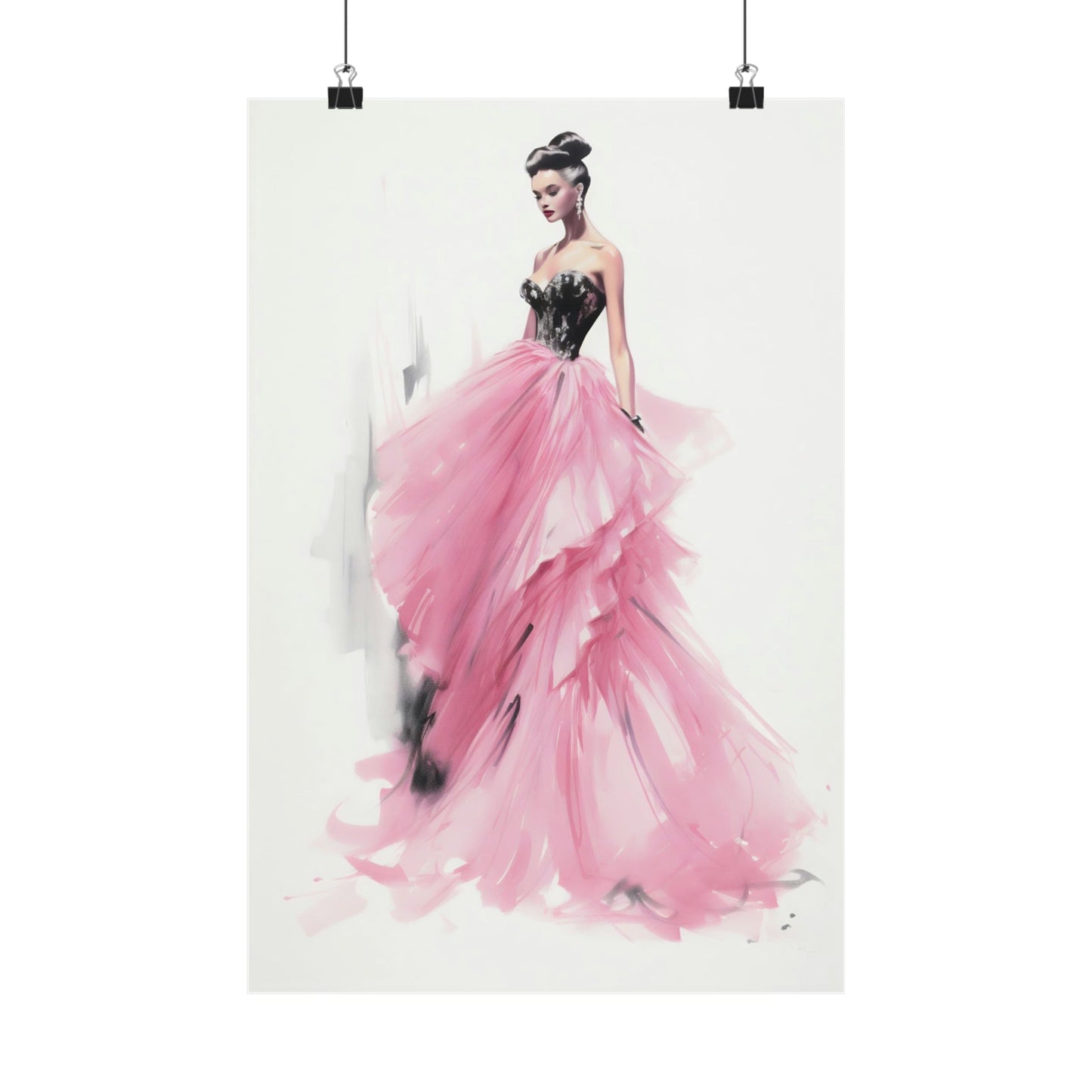 Elegant fashion illustration of a woman in a flowing pink gown with a fitted bodice.