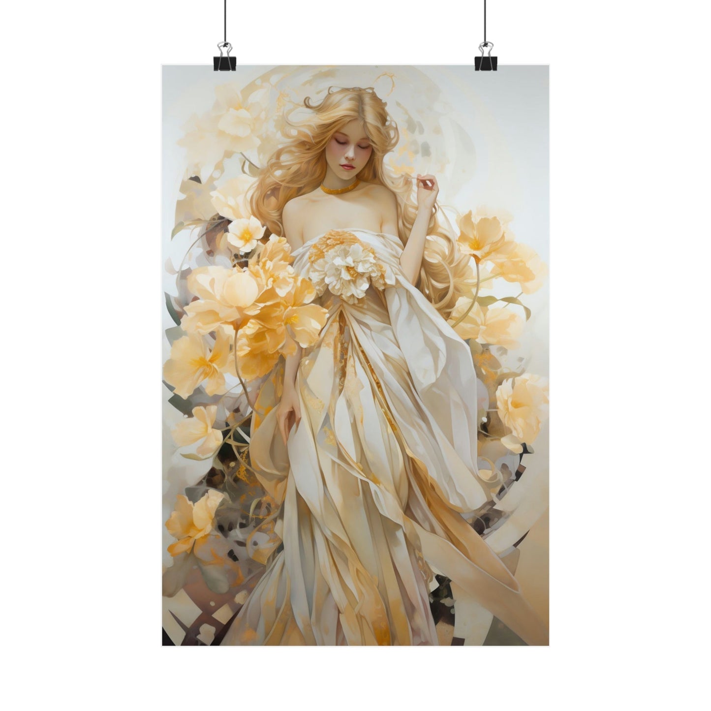 Ethereal painting of a woman in a flowing white dress holding yellow flowers.