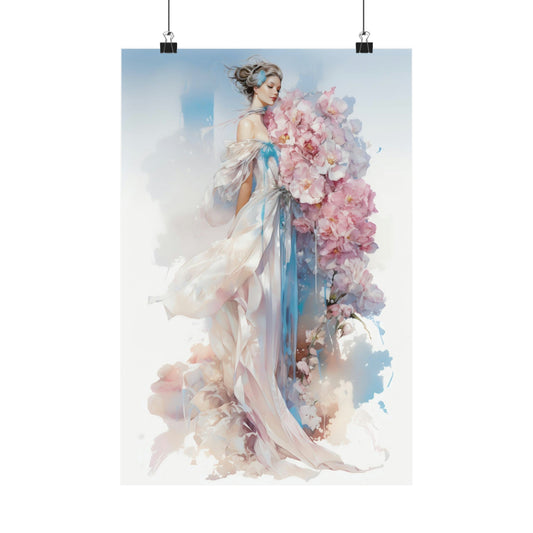 Ethereal watercolor painting of a woman in flowing robes holding pink flowers.