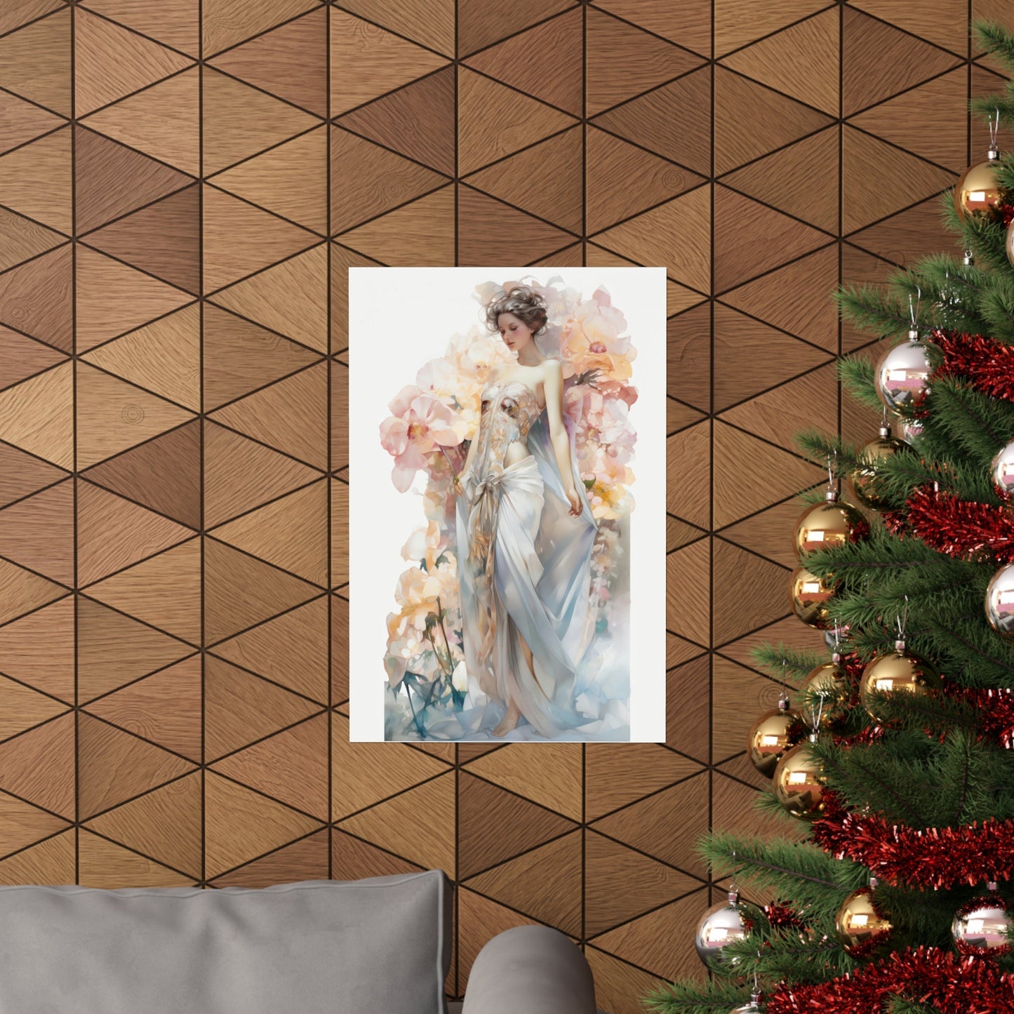 A christmas tree with a painting of a woman in a white dress