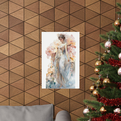 A christmas tree with a painting of a woman in a white dress