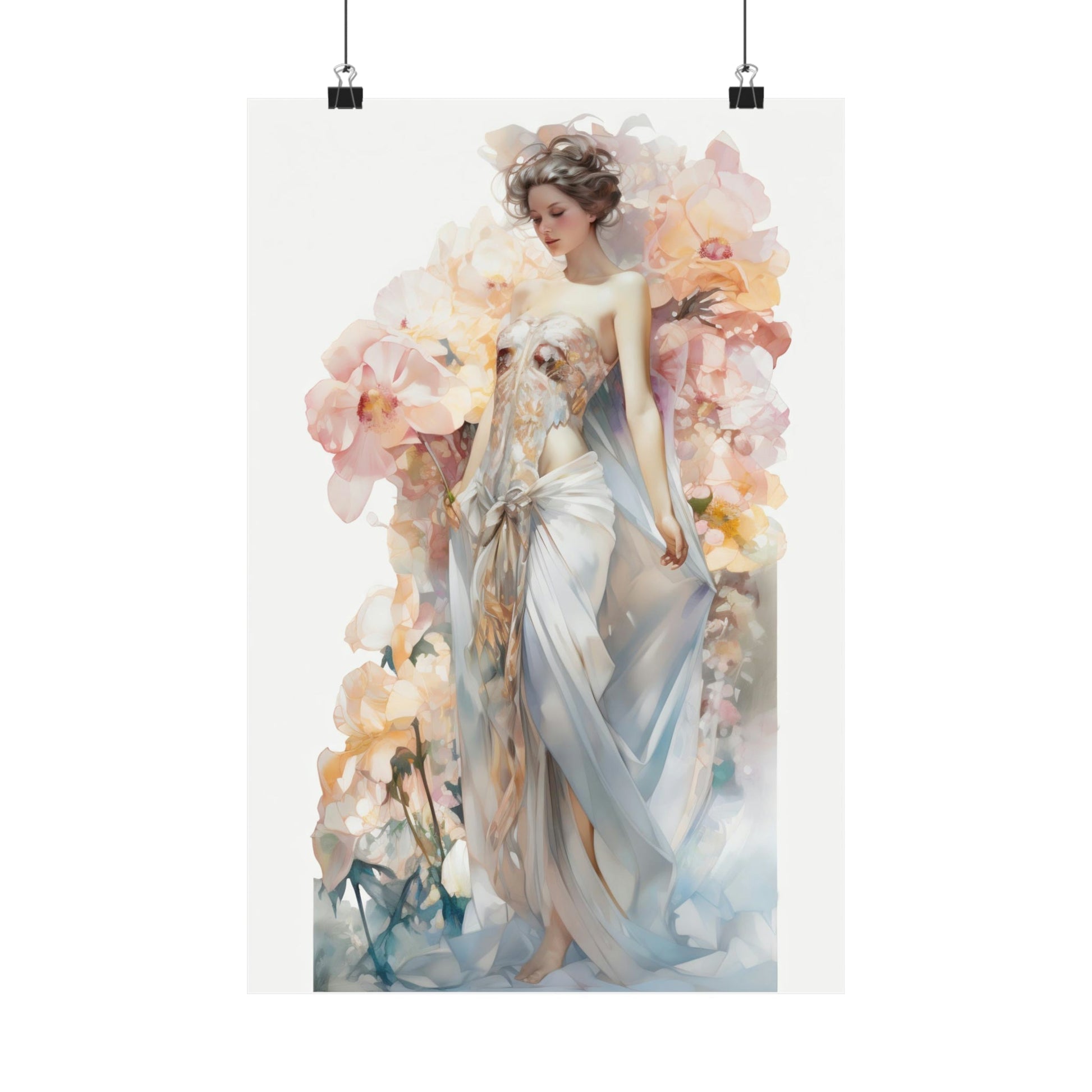 Elegant woman in a flowing white dress surrounded by soft, pastel floral elements.