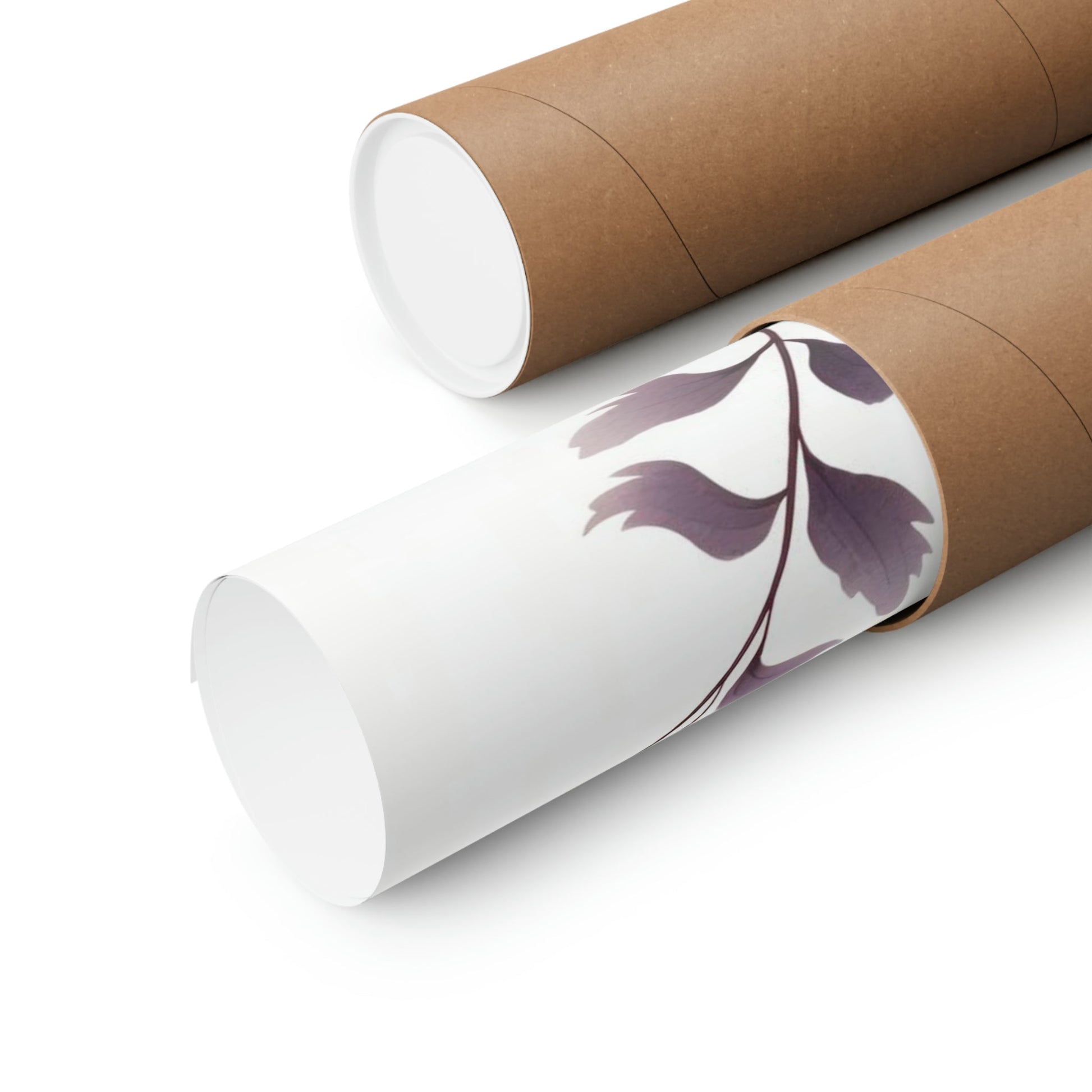 Two rolls of brown paper with purple flowers on them